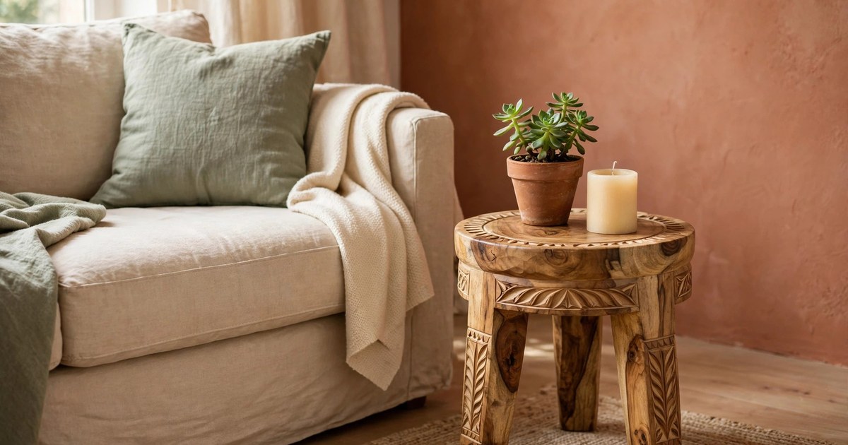 Hand-carved wooden accent stool beside a sofa with a plant on top