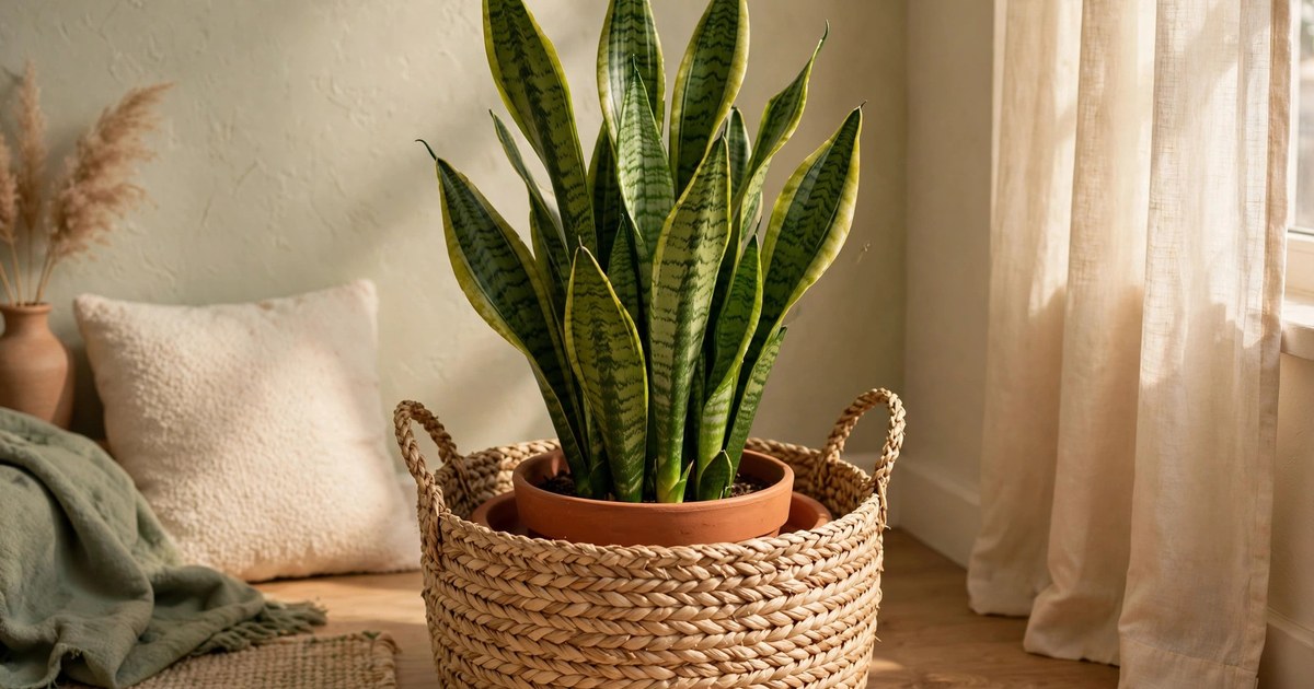 Snake plant in a woven seagrass basket planter in a sunny corner