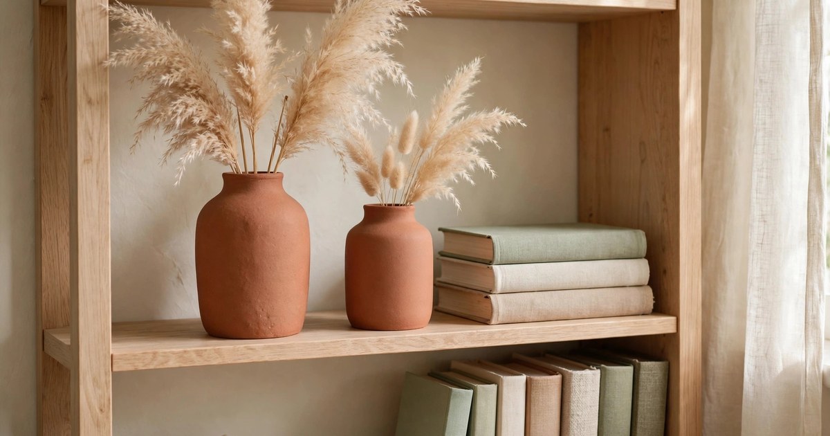 Two terracotta vases with dried pampas grass on a wooden shelf