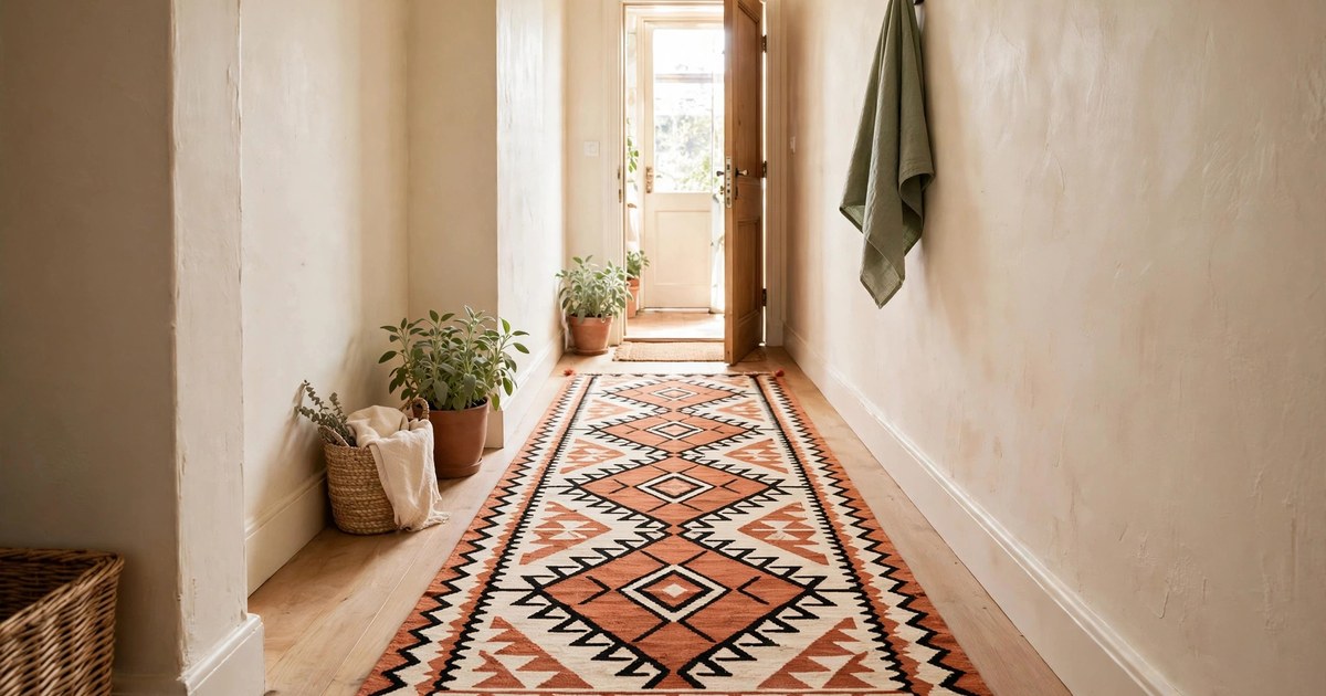 Earthy flatweave kilim runner in a small apartment hallway