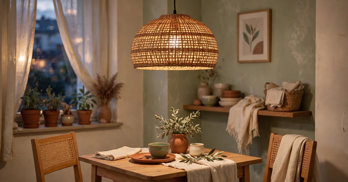 Woven rattan pendant lampshade hanging over a small dining table