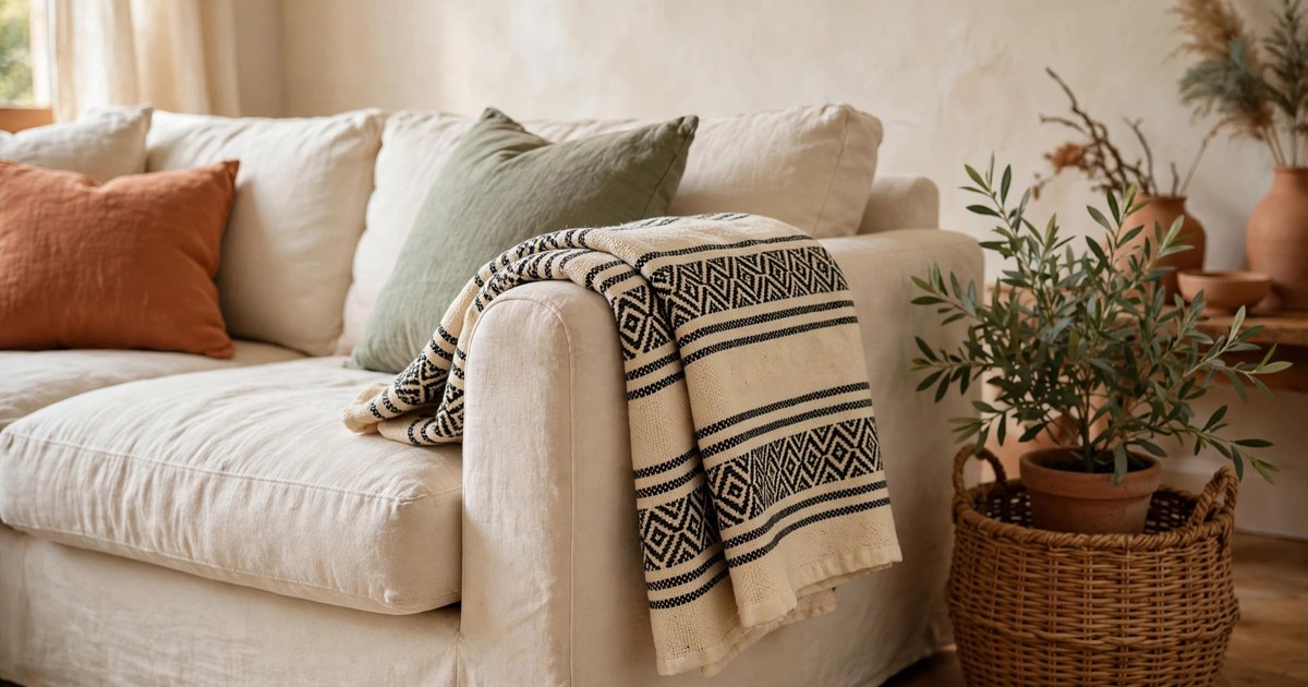 Mudcloth-patterned throw blanket folded over a cream sofa arm