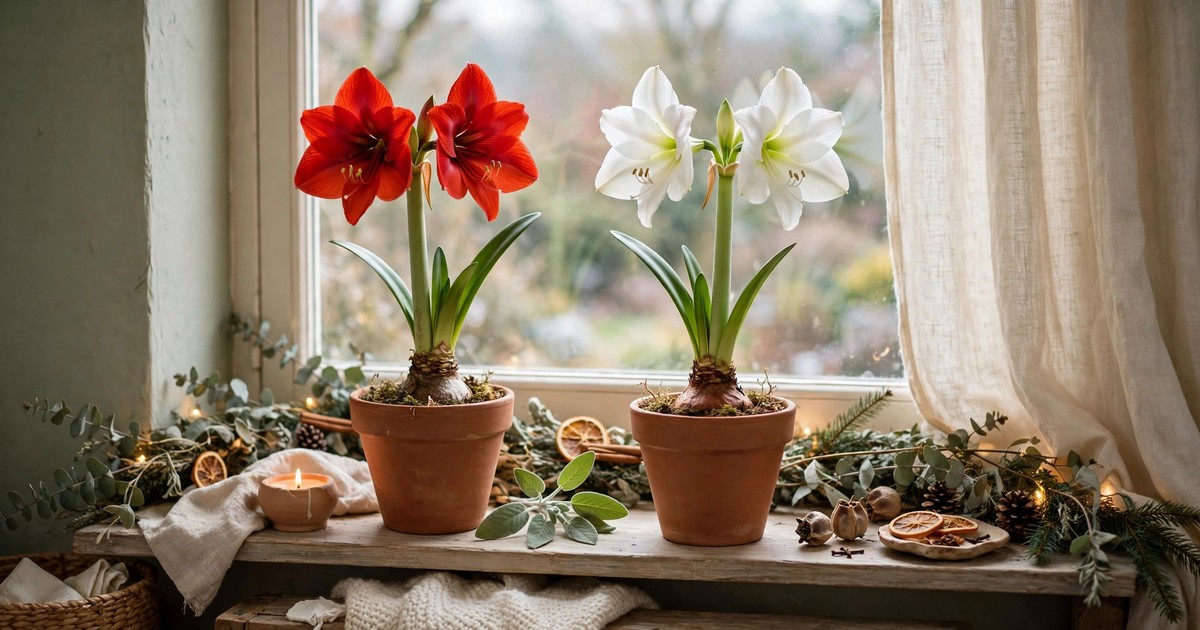 Two amaryllis bulbs, one red and one white, planted in matching pots on a windowsill
