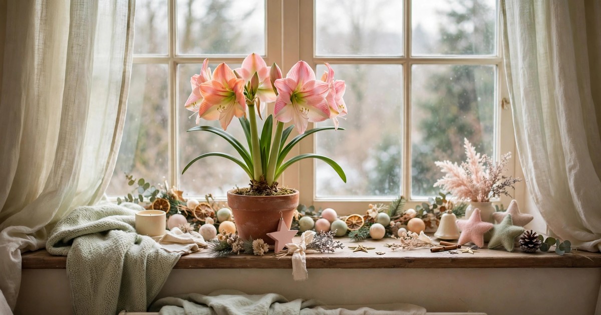 A pink and apricot amaryllis flower blooming in a pot on a bright windowsill