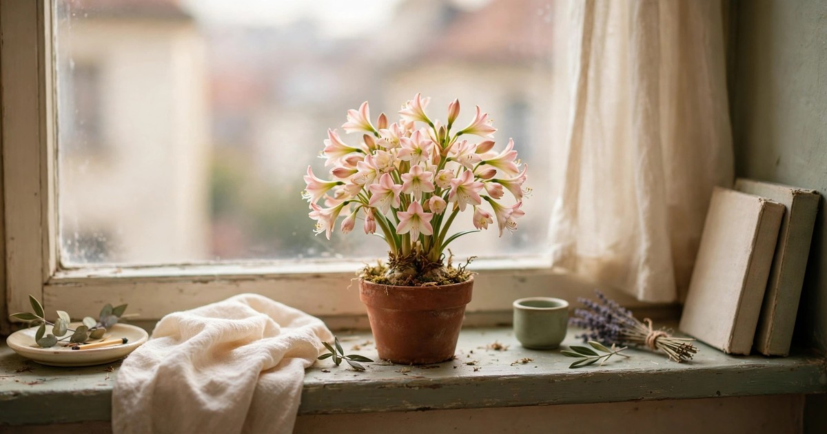 A compact mini amaryllis with smaller flowers blooming in a small pot on a tiny apartment windowsill