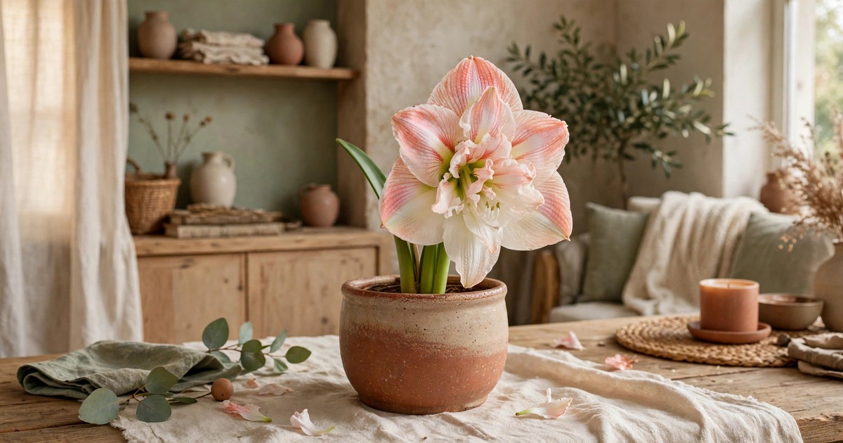A double-flowered amaryllis with layered ruffled petals blooming in a ceramic pot