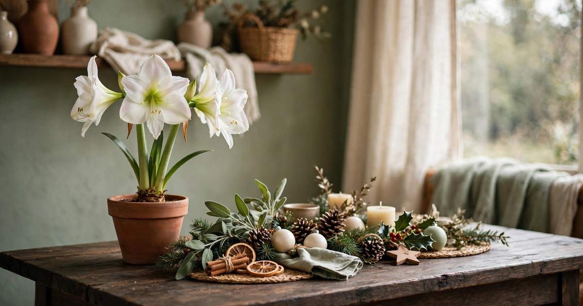 A white amaryllis flower blooming elegantly in a pot beside Christmas decorations