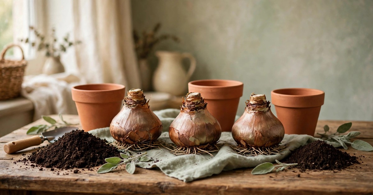 Three bare amaryllis bulbs with soil and pots ready for planting on a table
