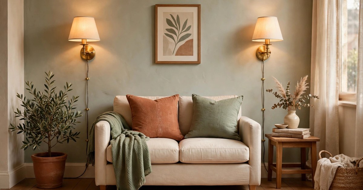 Pair of plug-in brass wall sconces with cream shades flanking a small sofa