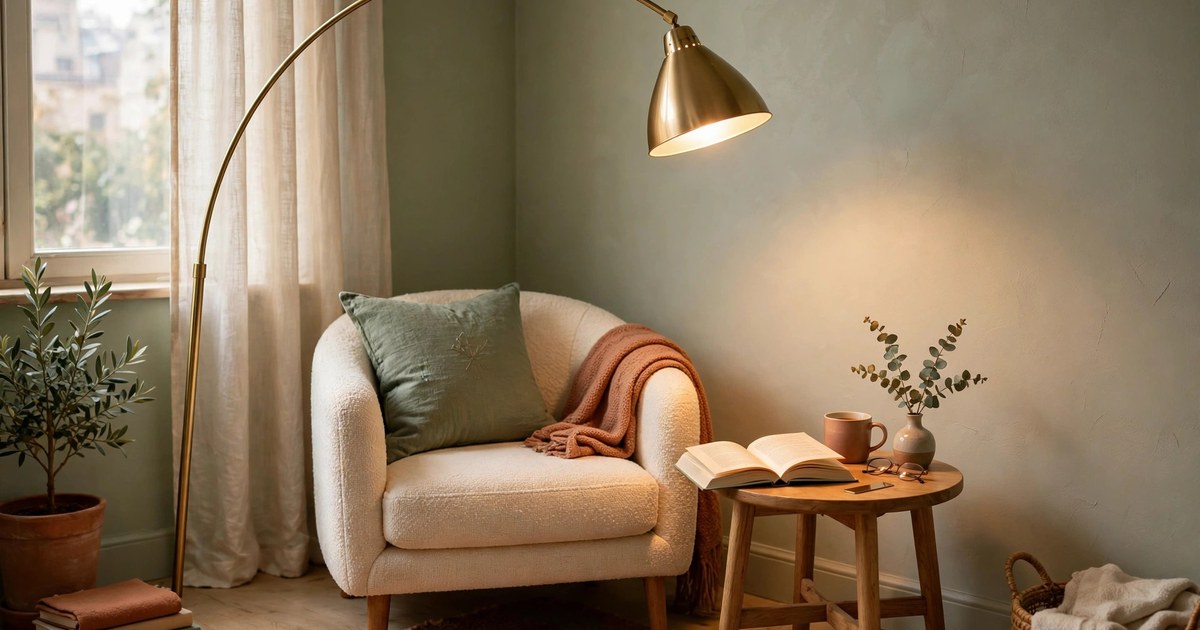 Brass arc floor lamp curving over a small reading chair and side table