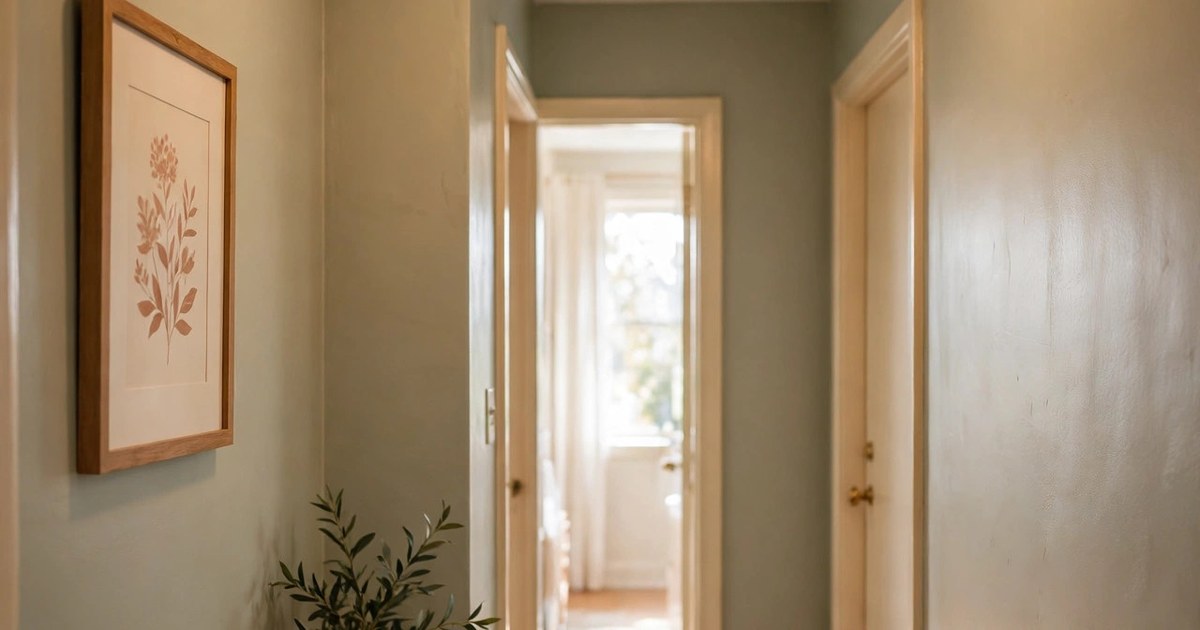 Brass flush-mount ceiling light with frosted glass glowing in a small rental hallway