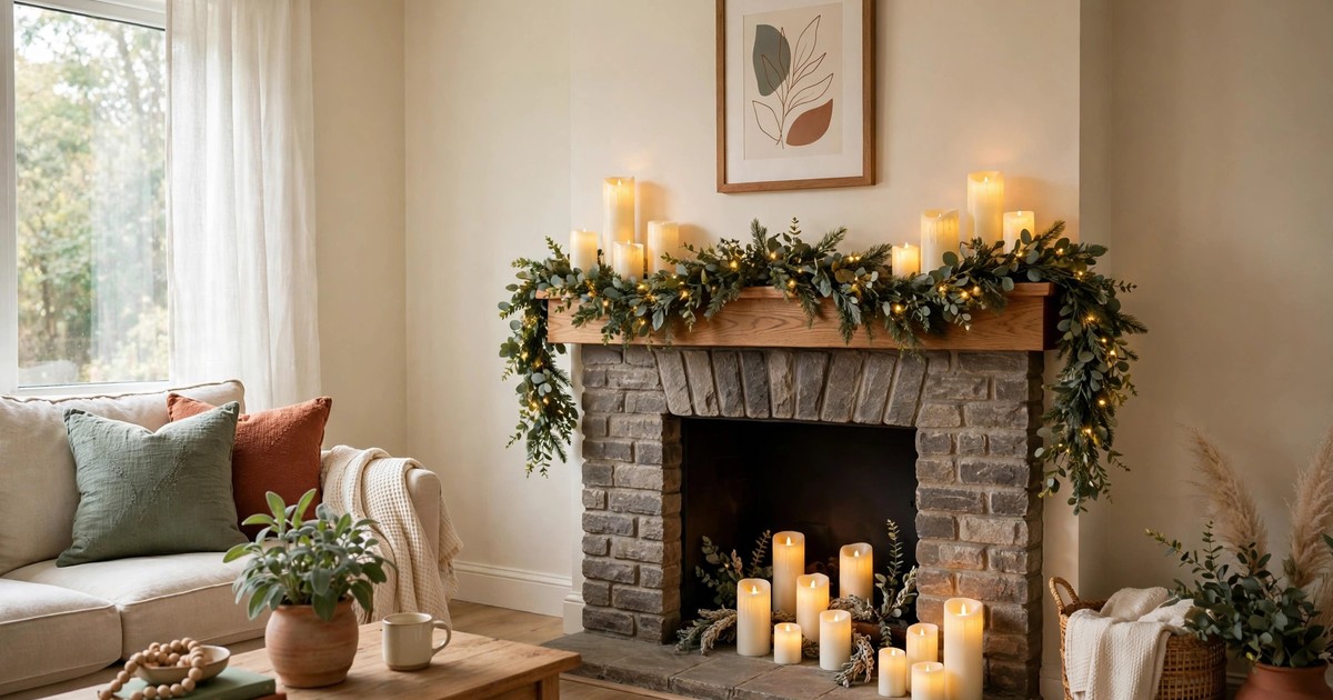 A rental living room fireplace decorated with flameless LED candles and a battery-operated garland