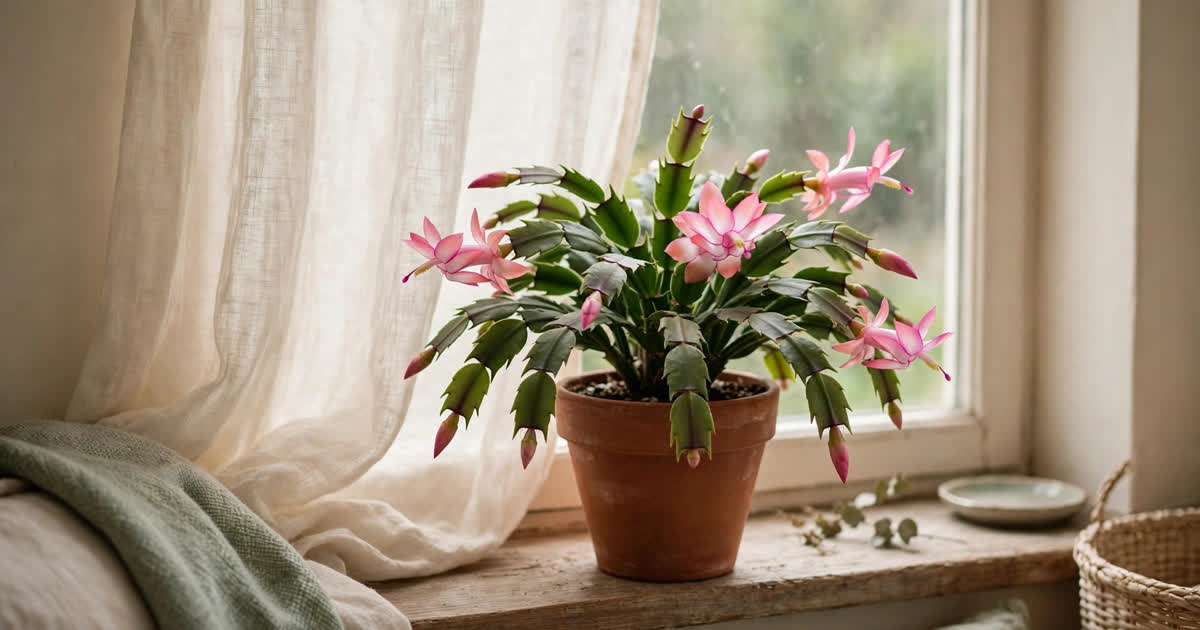 A Christmas cactus in bright indirect light on a windowsill, away from harsh direct sun