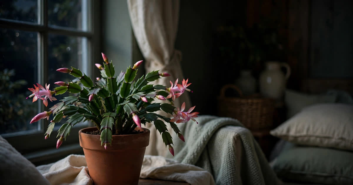 A Christmas cactus in a dark room at night, undisturbed by artificial light