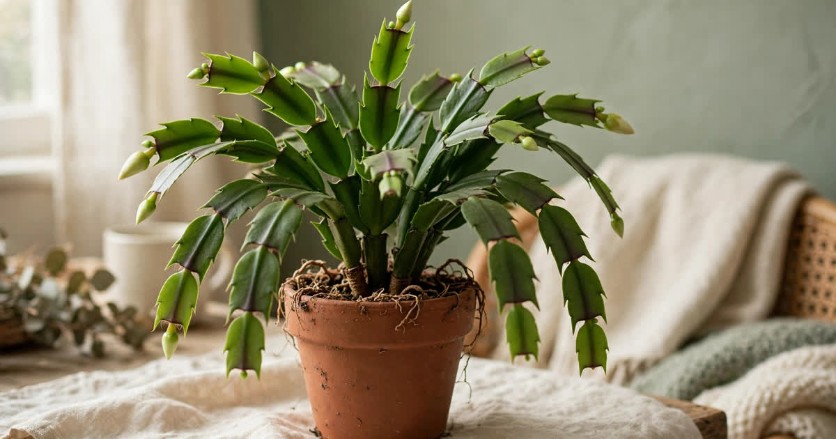 A Christmas cactus in a snug pot, slightly root-bound, with new growth