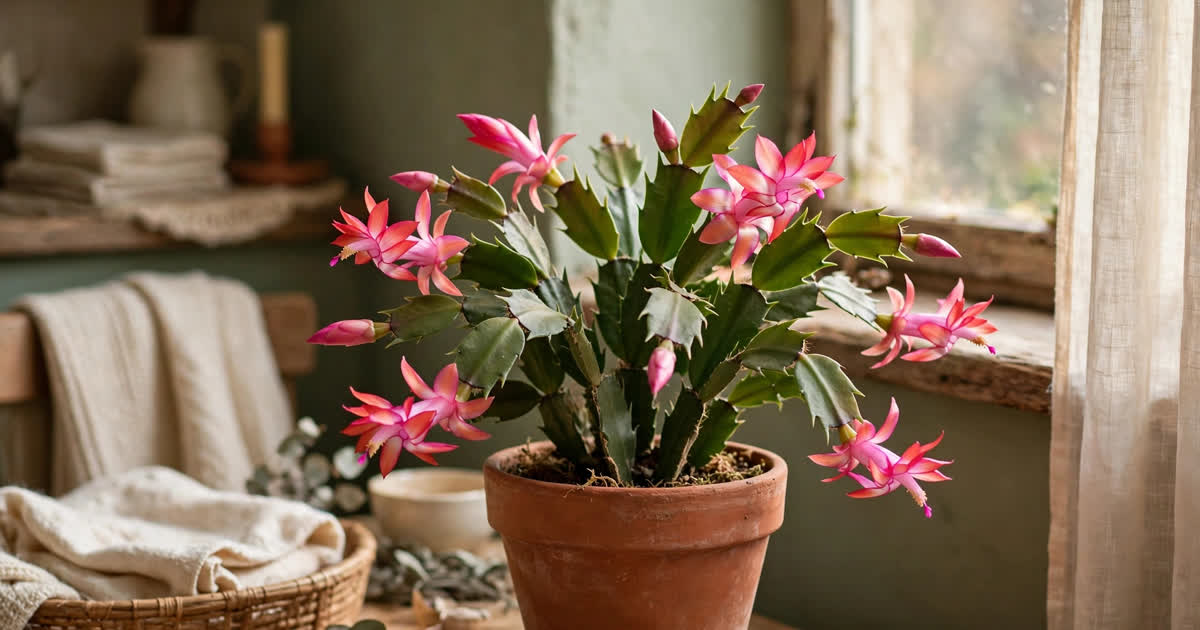 A Thanksgiving cactus with pointed segments blooming in late November