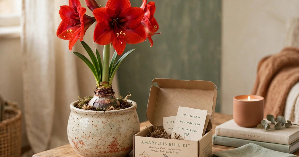 Red amaryllis flower blooming from a bulb kit in a ceramic pot on a side table
