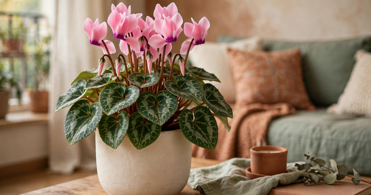 Pink cyclamen plant with heart-shaped leaves in a cream pot on an apartment coffee table