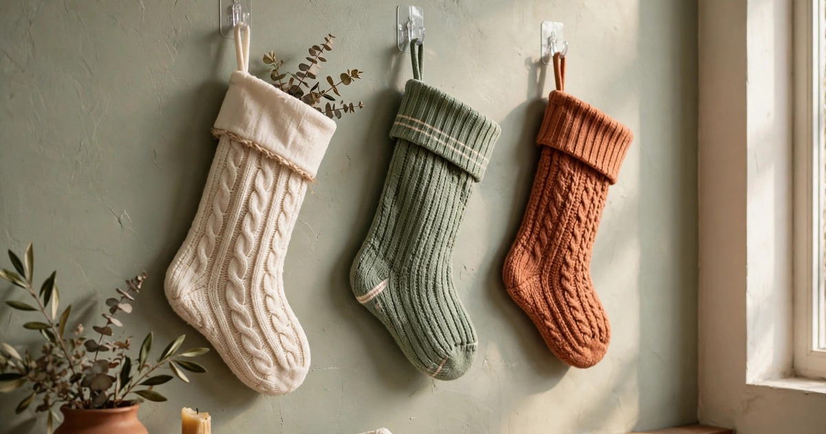 Adhesive hooks holding Christmas stockings on a painted apartment wall