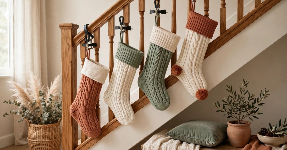 Stockings hanging from a staircase banister using clamp-style stocking holders