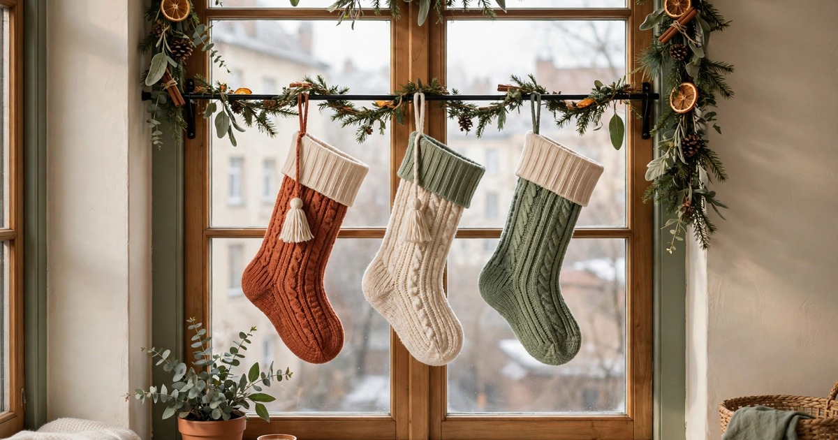 Christmas stockings hanging from a tension rod inside a decorated apartment window