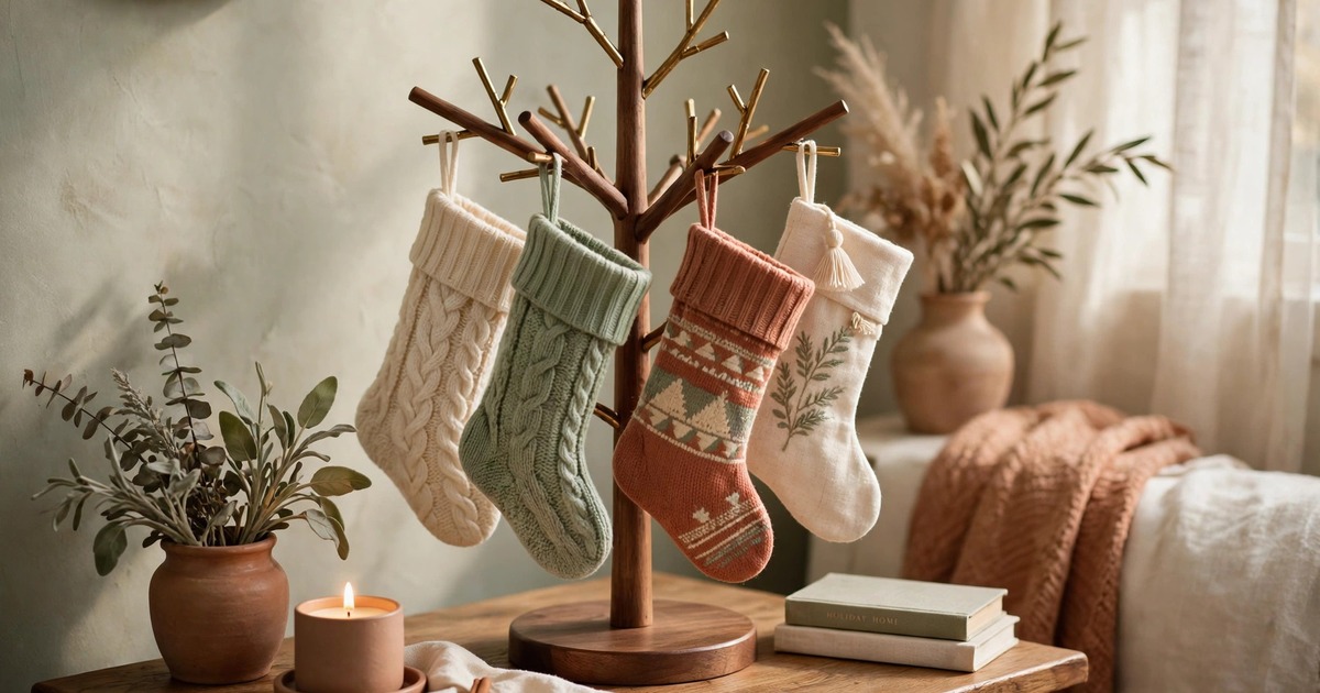 A small tabletop stocking tree stand holding stockings on a side table