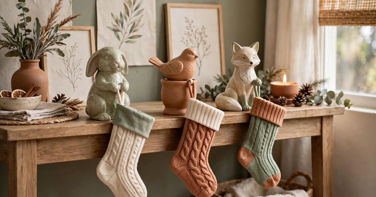 Decorative weighted figurine stocking holders on a console table holding stockings