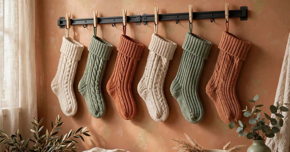 A row of stockings hanging from an adhesive rail strip mounted on a wall