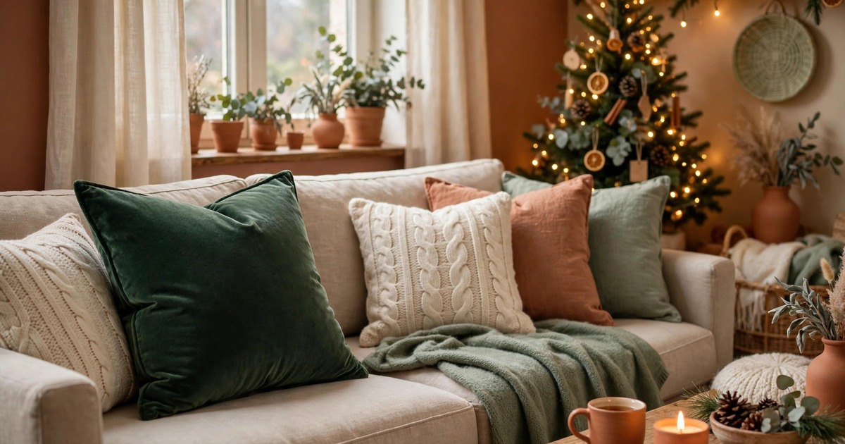 A forest green velvet throw pillow cover on a beige sofa with warm Christmas lighting