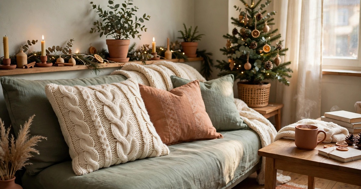 A cream chunky knit cable throw pillow cover on a sofa in a cozy small apartment