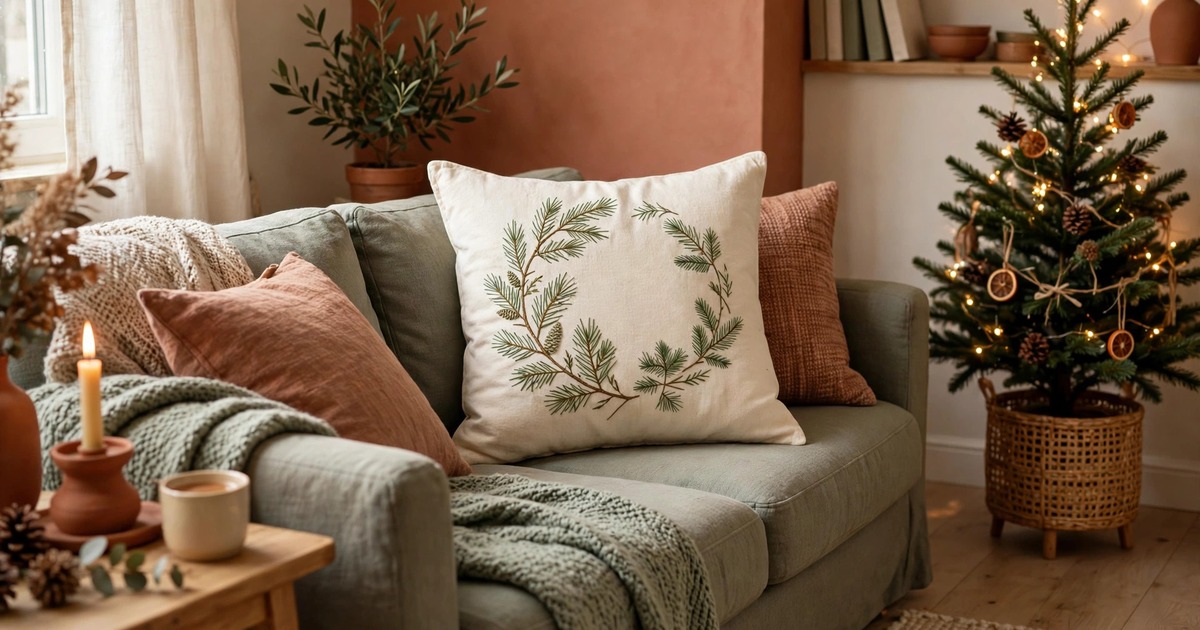 A cream pillow cover embroidered with pine branches on a sofa in a small apartment