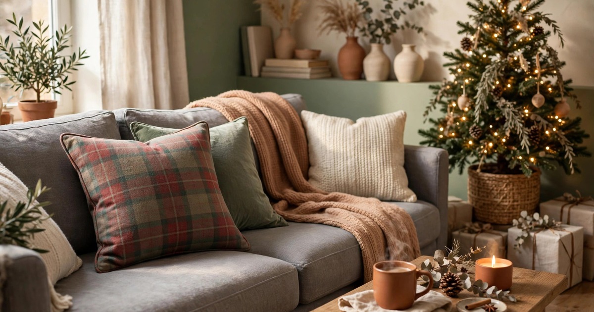 A modern tartan throw pillow cover in muted red and green on a grey sofa