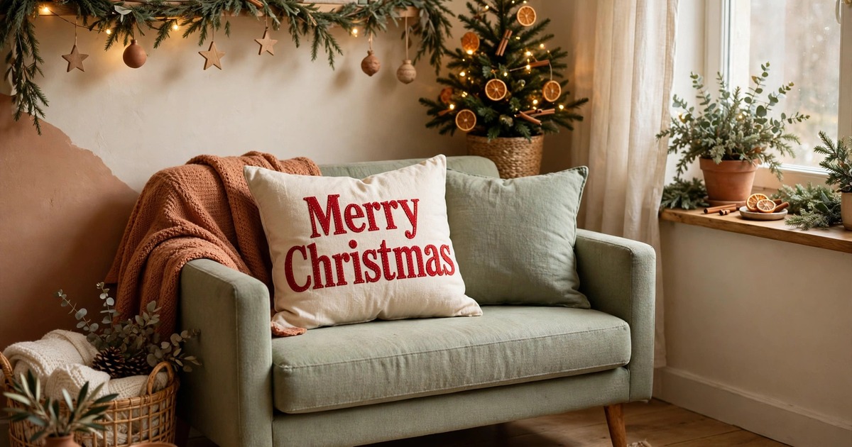 A typographic Merry Christmas throw pillow cover in cream and red on a small sofa