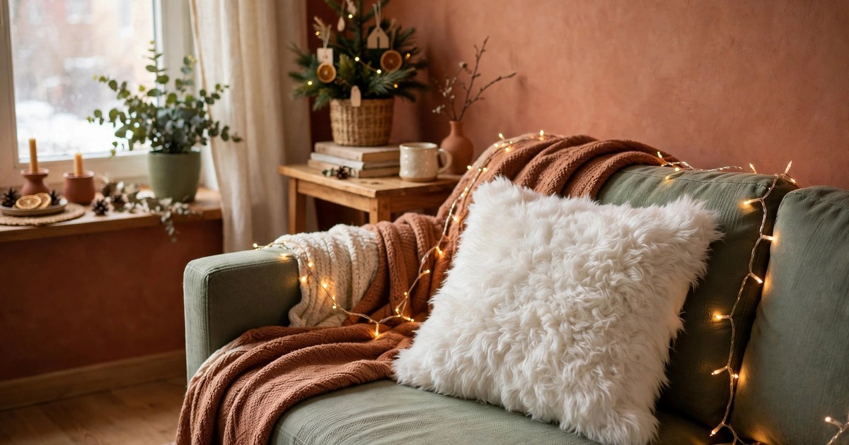 A white faux fur throw pillow cover on a sofa beside Christmas lights in a small apartment