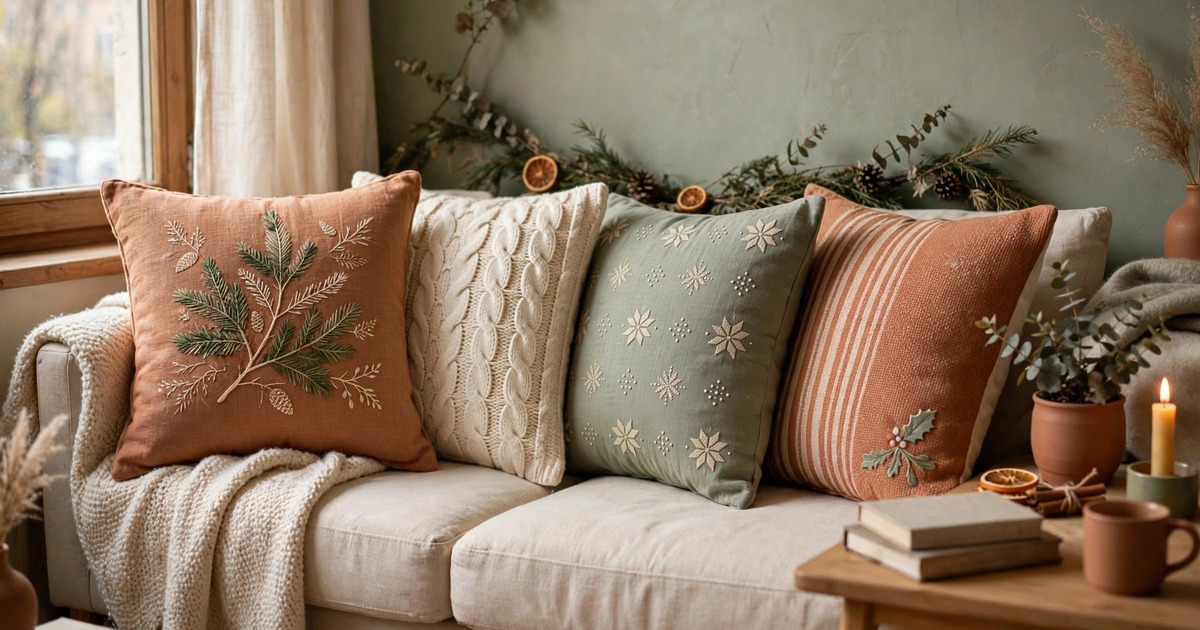 A set of four mix-and-match Christmas pillow covers arranged on a small apartment sofa