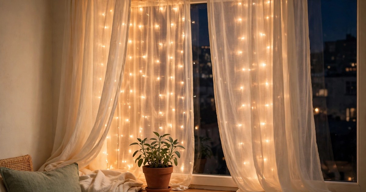 Warm LED fairy light curtain glowing behind sheer cream curtains in a small apartment window at night