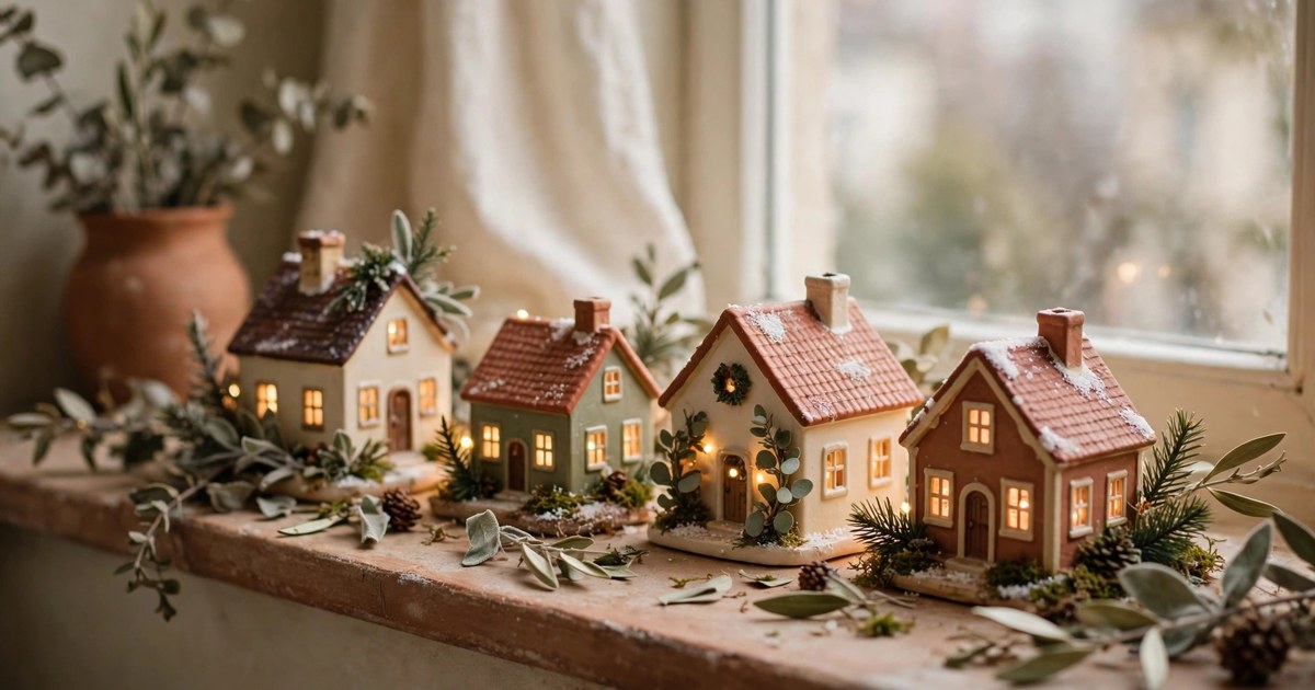Miniature Christmas village houses with tiny warm lights arranged on a narrow apartment windowsill
