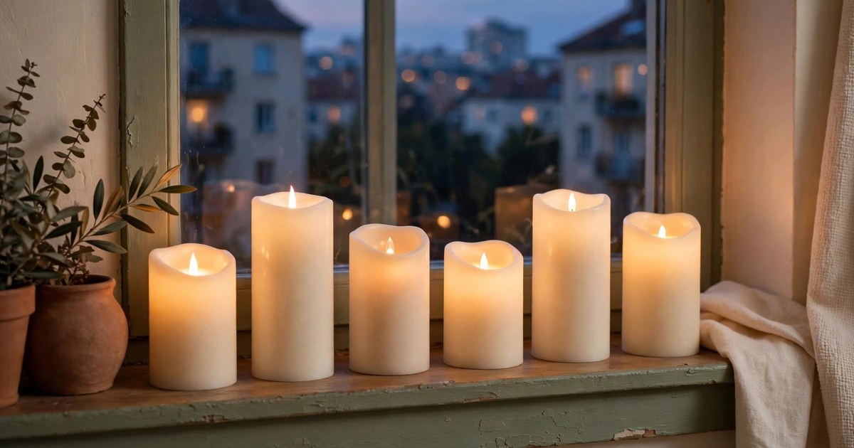Row of battery-operated pillar candles glowing on an apartment windowsill at dusk