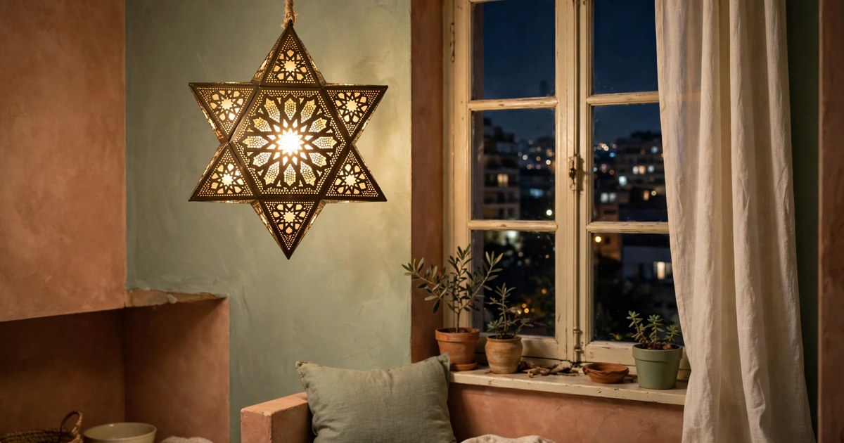 Moroccan-style star pendant light glowing warmly in a small apartment window at night