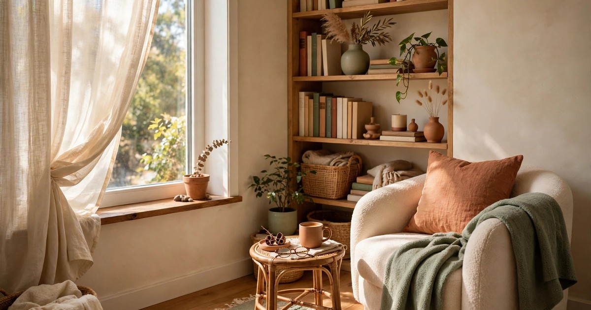 A sunny apartment corner with a window and a bookshelf, ideal for a reading nook