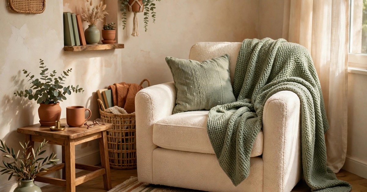 A comfortable cushioned armchair with a throw blanket in a small apartment reading corner