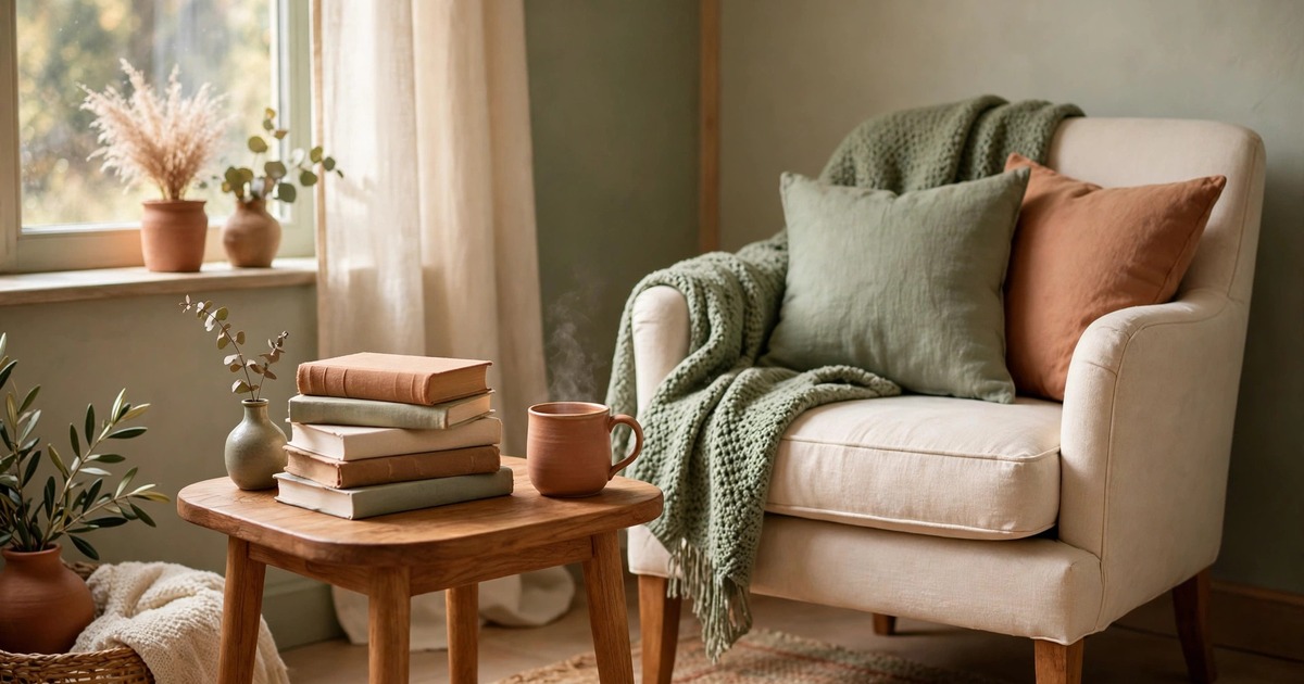A small side table stacked with books and a mug beside a reading chair