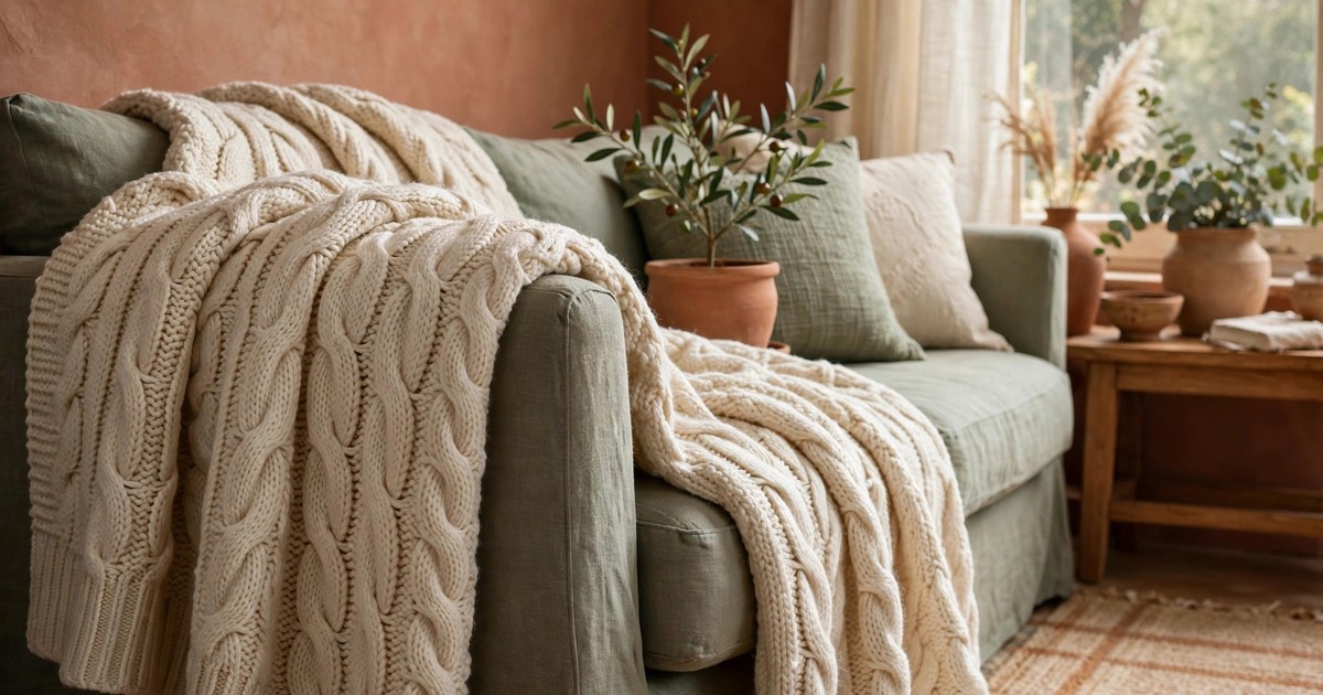 A chunky cream cable-knit throw blanket draped over a sofa arm