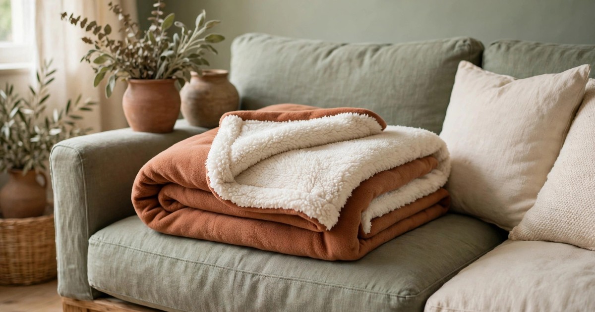 A soft sherpa-lined fleece throw blanket folded on a sofa