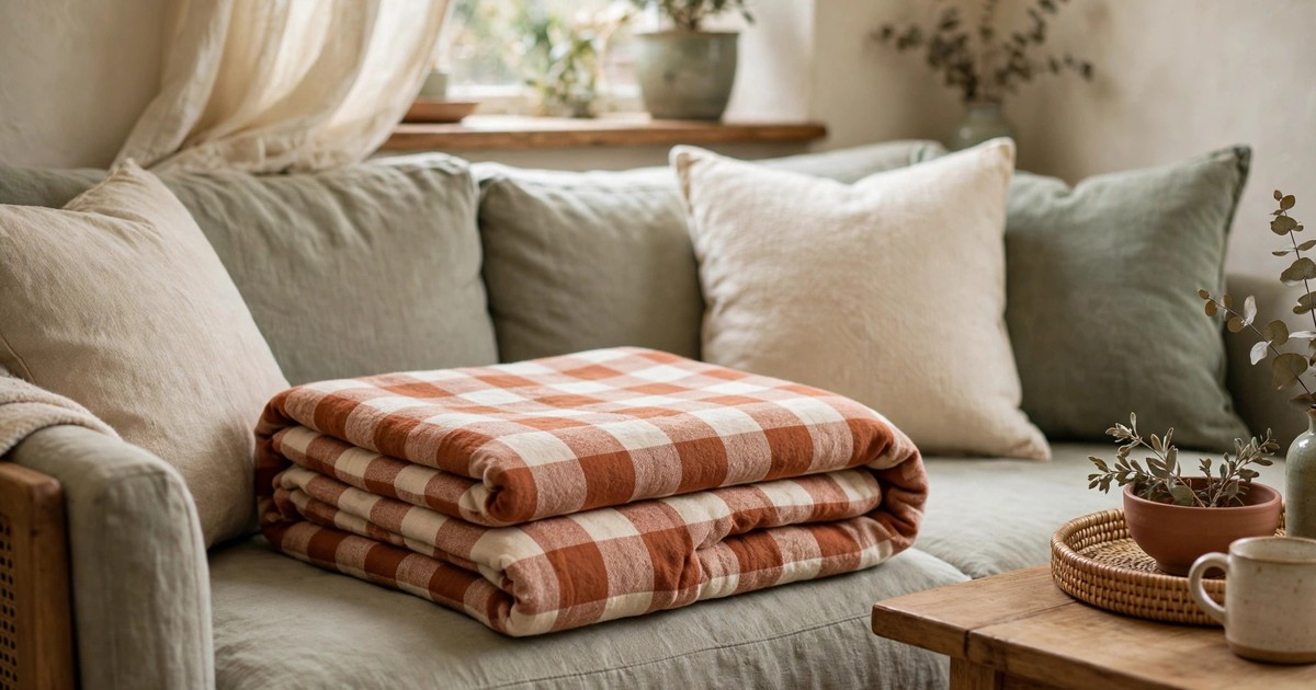 A terracotta and cream check throw blanket folded on a sofa