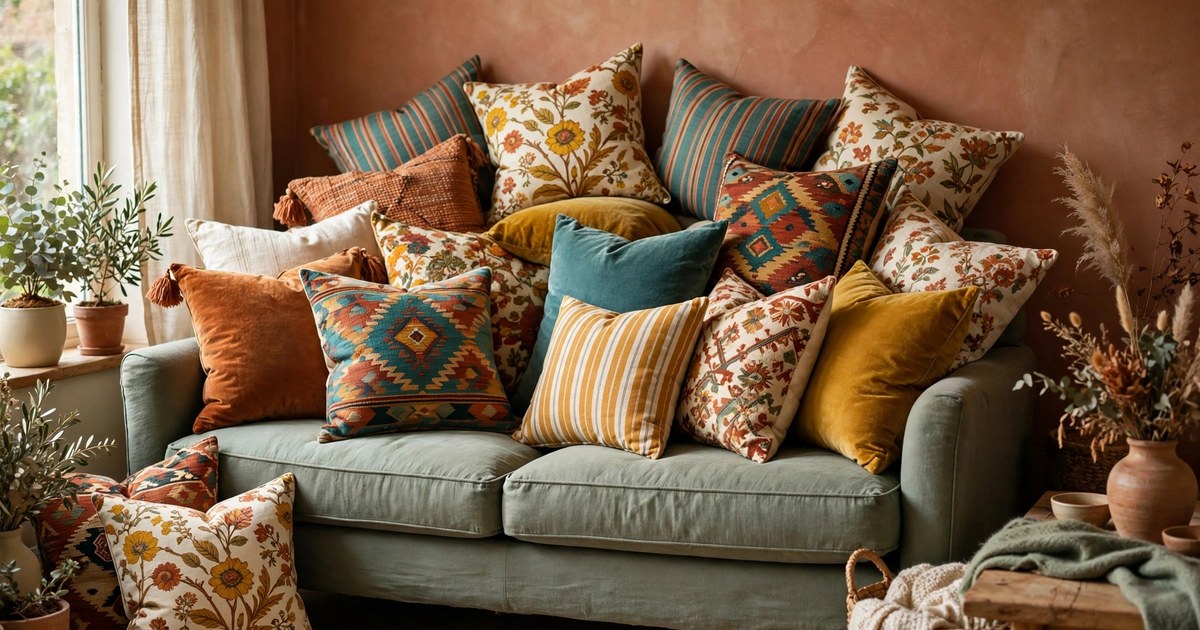 Sofa piled high with colourful clashing throw pillows in mixed prints