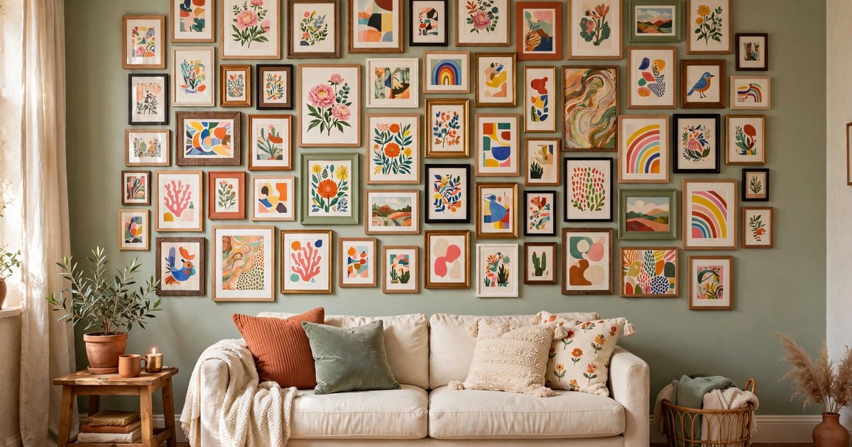 Maximalist gallery wall with colourful prints in mixed frames