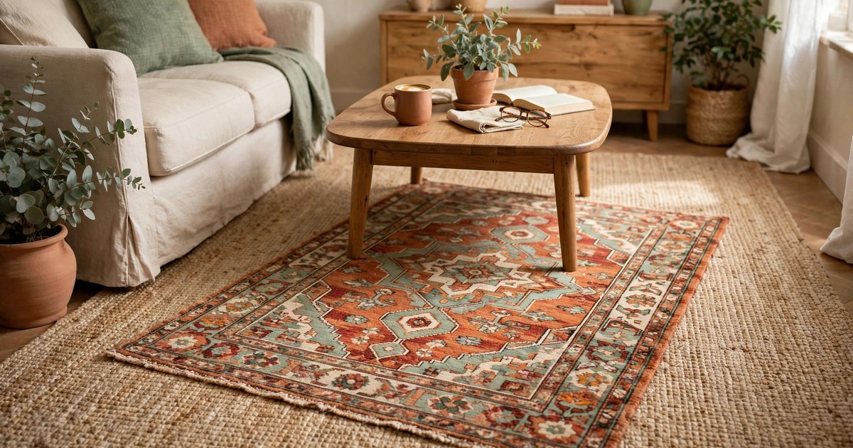 Small colourful patterned rug layered over a neutral jute rug