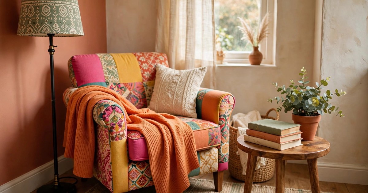 Colourful reading corner with armchair, floor lamp, books and throw