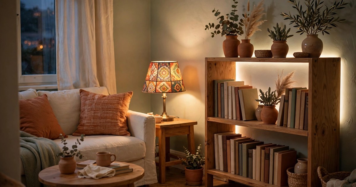 Living room in the evening with a colourful lampshade and warm ambient glow